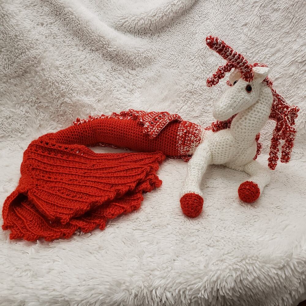Hancrafted Crocheted Hippocampus Mermaid, Red and white